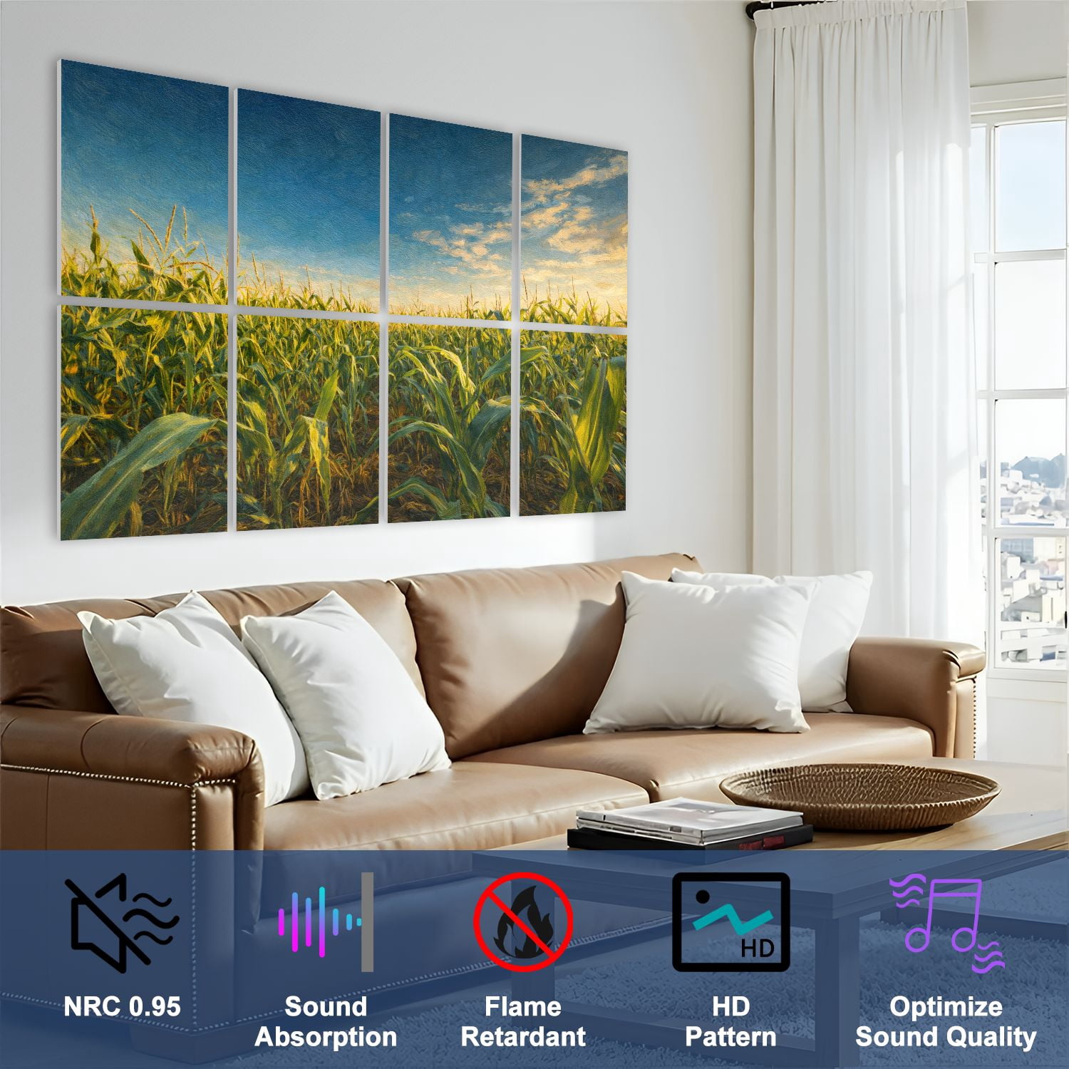 Rustic Farmhouse 8 Pack Art Acoustic Panels Sound Absorbing Green Maize Corn Field Plantation Summer Agricultural Season Decorative Soundproof Wall Panels Self Adhesive for Game Room Bedroom 48"x32"