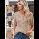 thumbnail image 4 of Blusas de Verano para Mujer, de Punto Gofre, de Corta, con Cordón, Sudaderas con Botones y Cuello en V, Blusas Informales, Camisas. Albaricoque L, 4 of 9