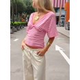 thumbnail image 5 of Gynyvoja Women'S Reversible V-Neck Short Sleeve Striped Fitted Cropped T-Shirt Pink S, 5 of 9