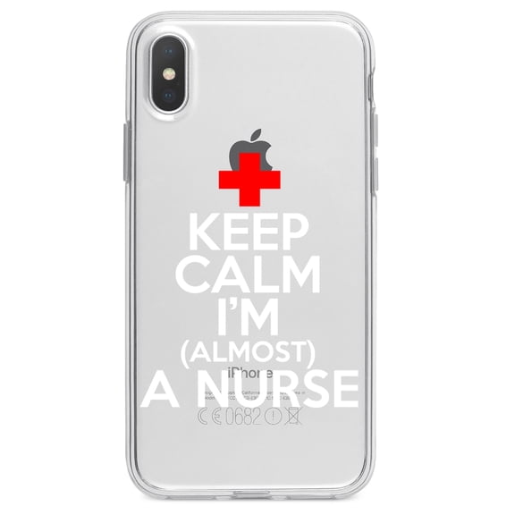 DistinctInk Clear Shockproof Hybrid Case for iPhone XR (6.1" Screen) - TPU Bumper Acrylic Back Tempered Glass Screen Protector - Keep Calm I'm Almost a Nurse