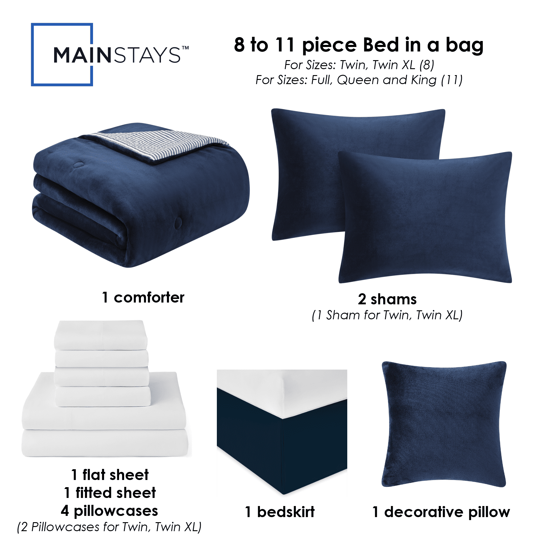 Mainstays 11-Piece Bed in a Bag Comforter Set with Sheets, Navy Microplush, Queen, Unisex
