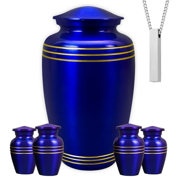 AmericUrn Urns for Cremation Ashes – Royal Blue Handcrafted Set with 1 Large Adult, 4 Keepsakes & 1 Necklace – Made in India
