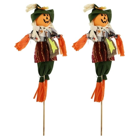 FRCOLOR Scarecrow Outdoor Decor Small Autumn Scarecrow Green Cloth Straw Wood 2Pcs