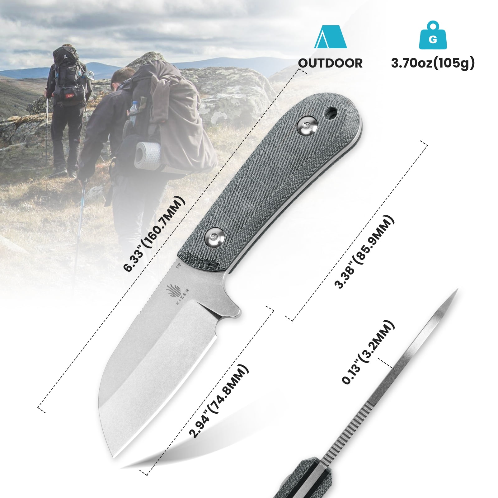Kizer Deckhand Fixed Blade Knife D2 Steel Blade Micarta+G10 Handle With Sheath, 1062A1