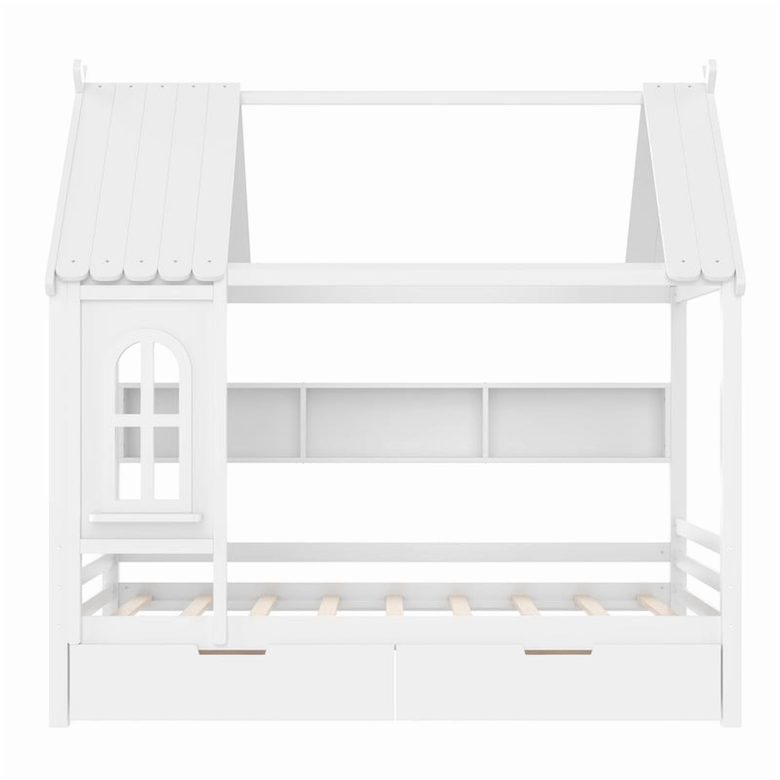 Bellemave Full Size House Bed with Storage Drawers, Wooden Montessori Bed with Shelves and Fence Rails, Full Bed Frame with Window for Bedroom, No Box Spring Needed,White