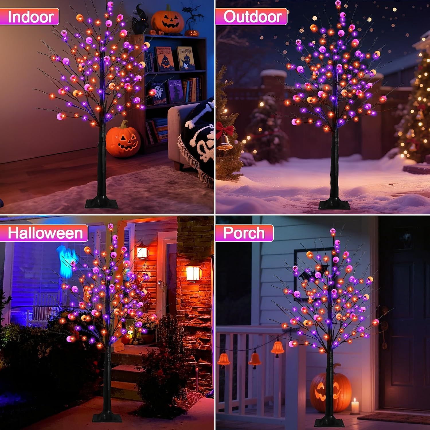 6FT Halloween Decorations Spooky Tree Lights, Large Black Trees with 144 Orange & Purple LEDs, Light up Artificial Tree with Time Function for Outdoor Indoor Home Party Decor