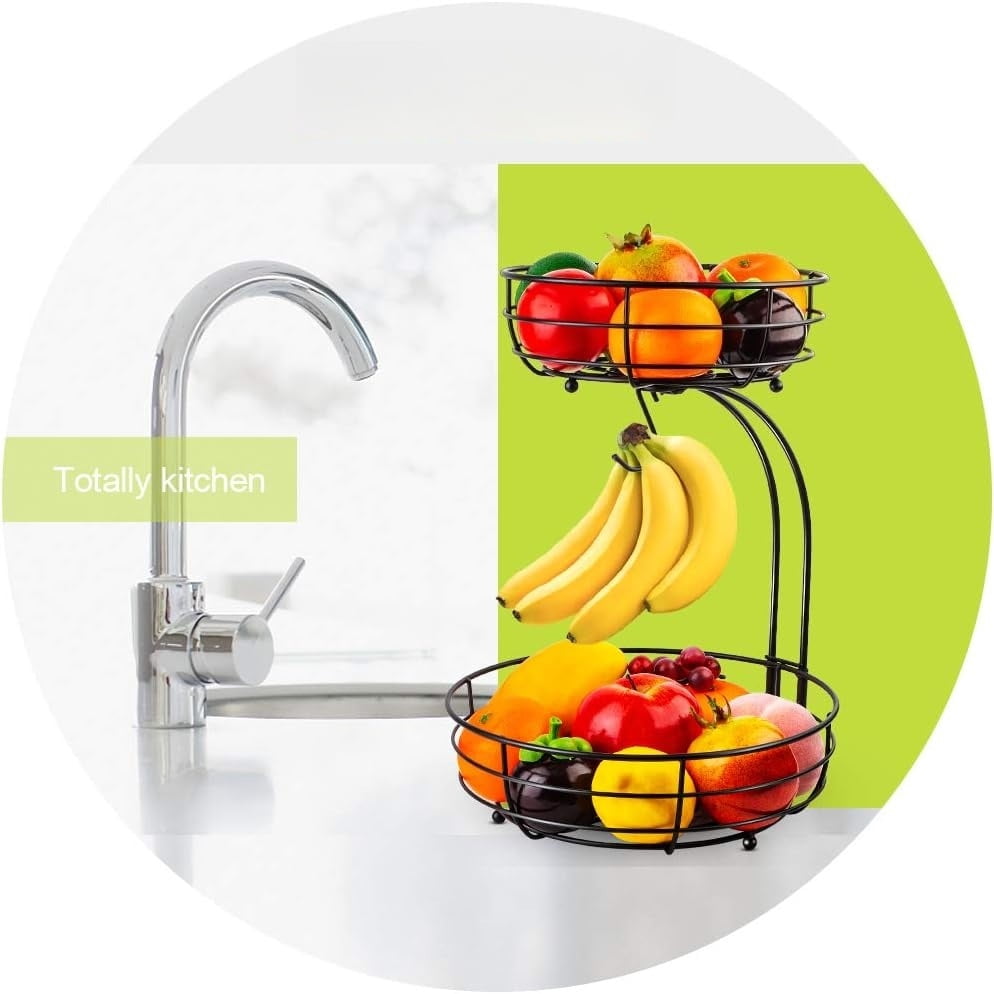 Iron 2-Tier Countertop Fruit Vegetables Basket Bowl Storage With Banana Hanger, Black, 64 ounces