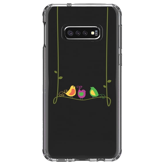 DistinctInk Clear Shockproof Hybrid Case for Samsung Galaxy S10e (5.8" Screen) - TPU Bumper Acrylic Back Tempered Glass Screen Protector - Colorful Birds Cartoon on a Vine