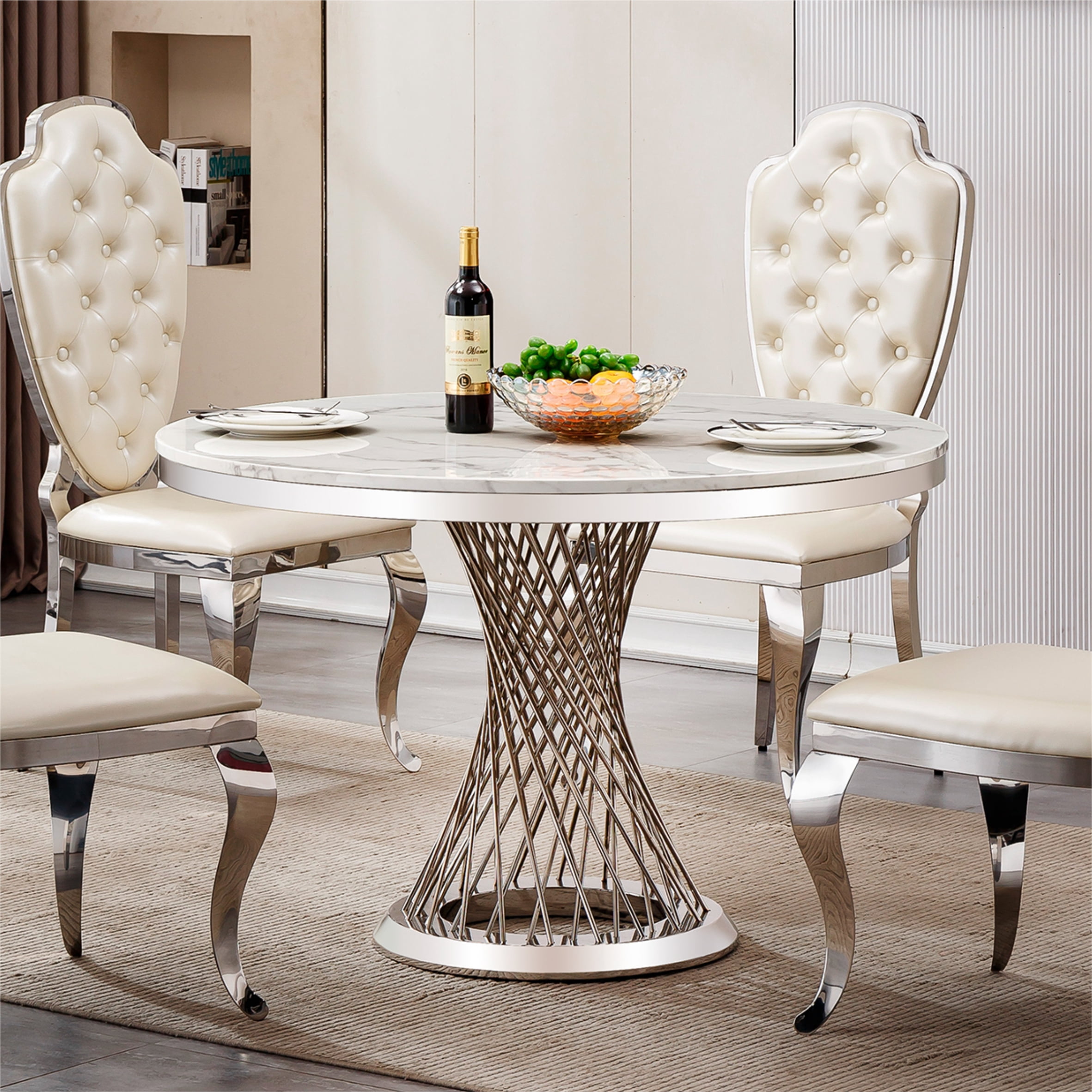 Shikeyi 47" Modern Round Faux Marble Dining Table for 4-6 People, Luxury Silver Stainless Steel Pedestal Base Dinner Table for Dining Room, White (Table Only)