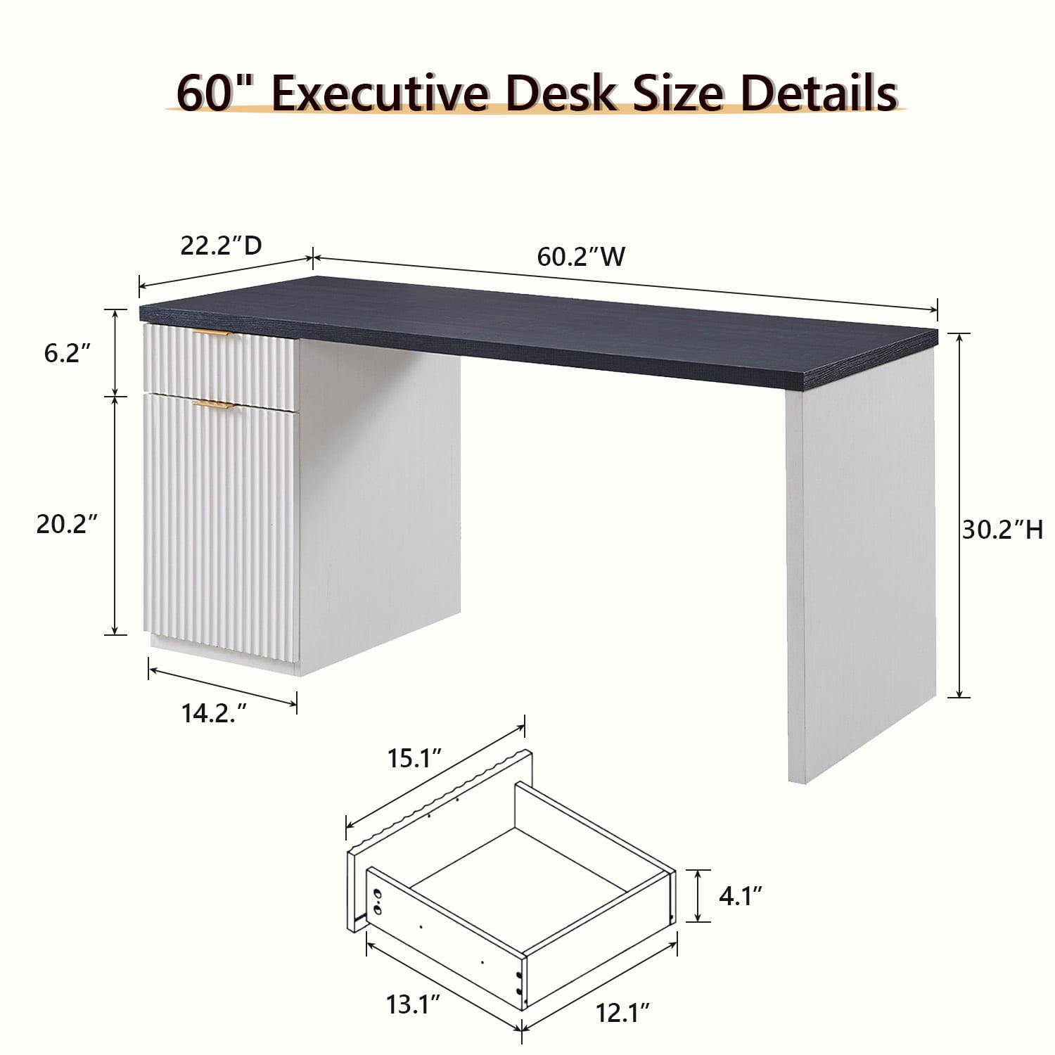 IFMust 60" Home Office Desk with Storage Drawer & Cabinet, Modern Executive Desk with Charging Station, Fluted Computer Desk for Study, Living Room, Antique White