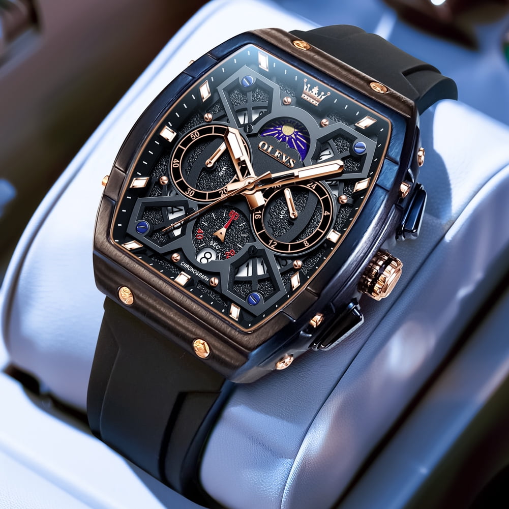 OLEVS Watches for Men Chronograph Waterproof Luxury Dress Quartz Silicon Strap Multifunction Moon Phase Calendar Luminous Men Wrist Watches Reloj Para Hombre Black/Red
