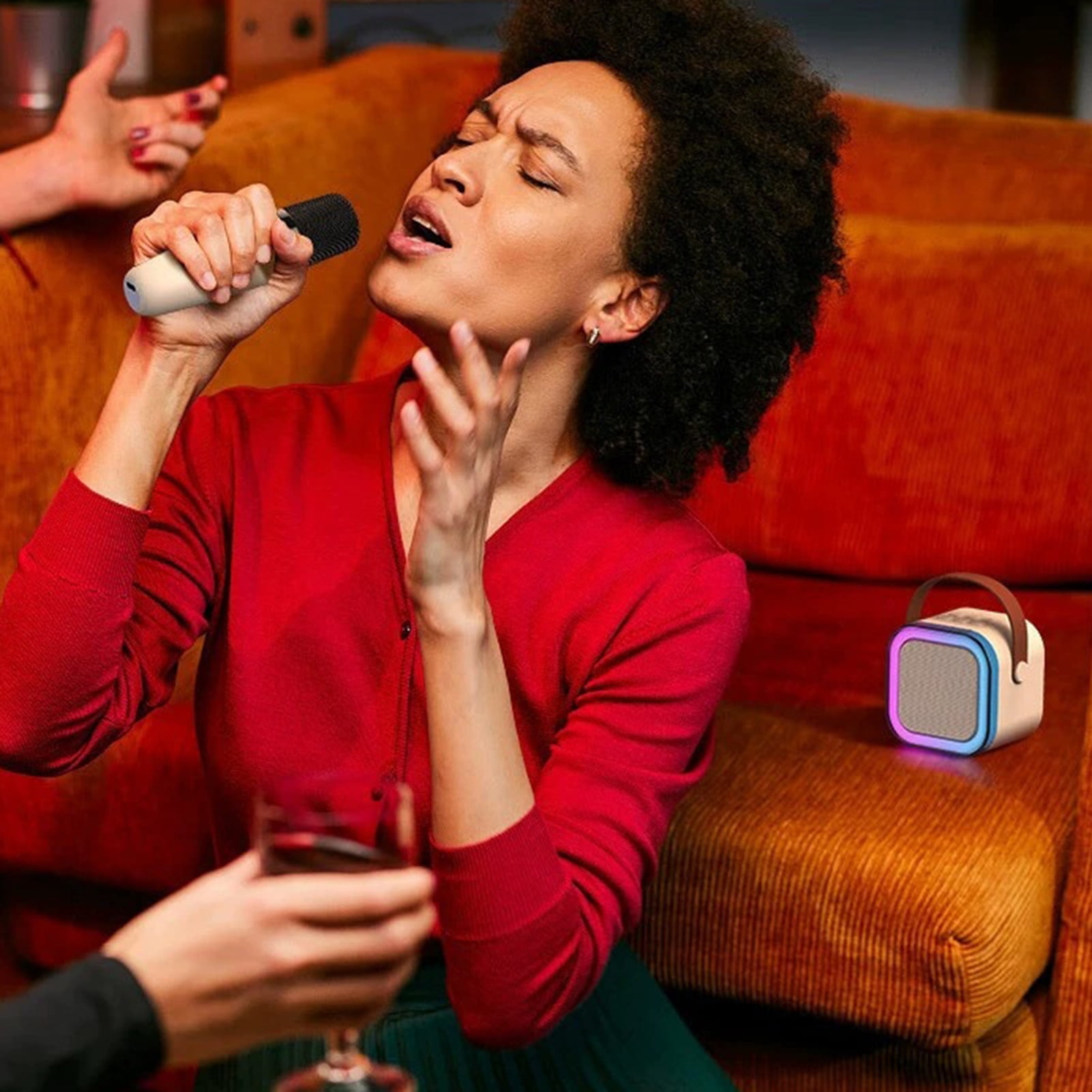 Mini Karaoke Machine with 2 Wireless Microphones Voice Changer Stereo Sound Portable Bluetooth-compatible Portable Speaker with Light