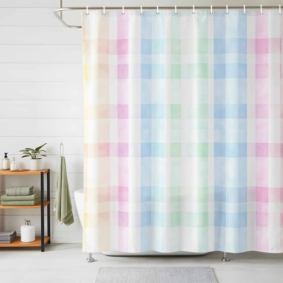 Shower Curtain Watercolor Check Shower Curtains for Bathroom Decor, Waterproof Polyester Shower Curtain Set with Hooks, Small Stall Size 36" x 72" Yellow Pink Blue Green