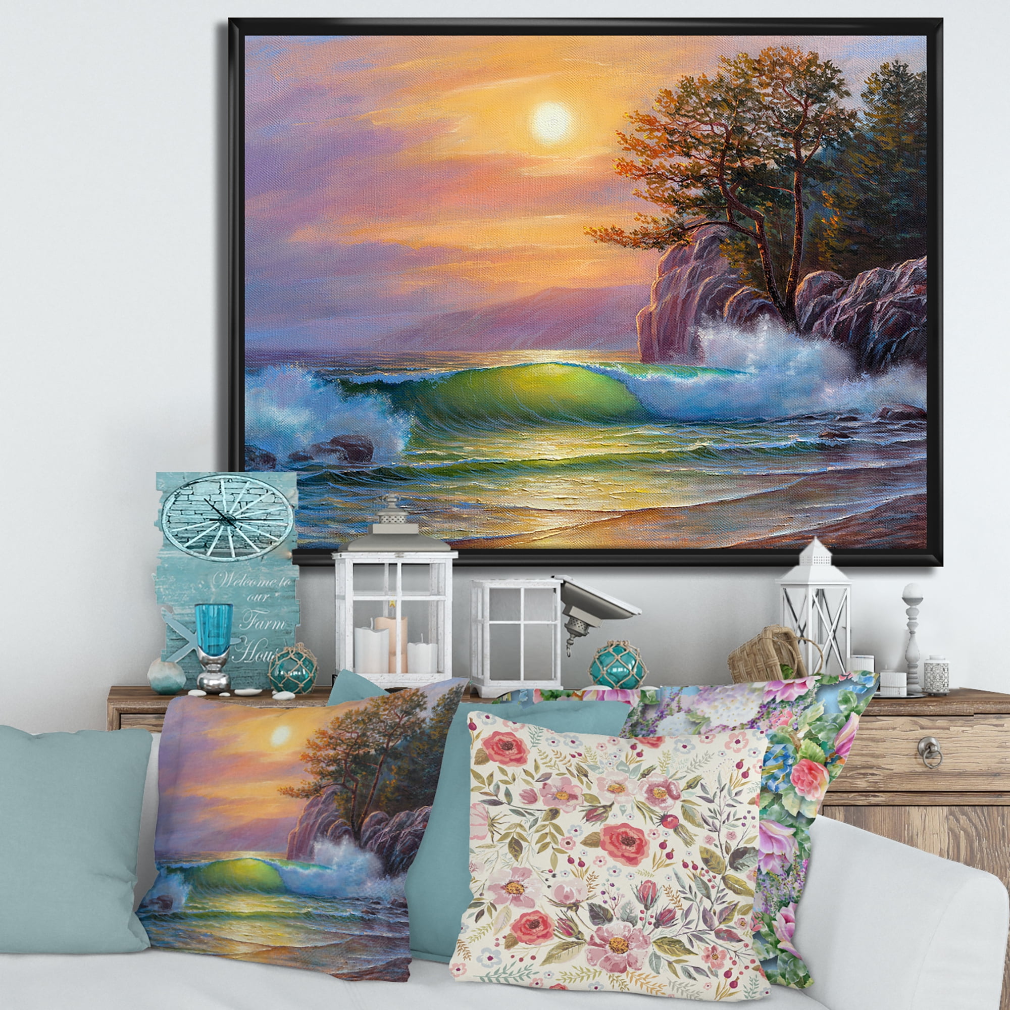 Sunrise On Sea Waves By The Pine Trees 32 in x 16 in Framed Photography Canvas Art Print, by Designart