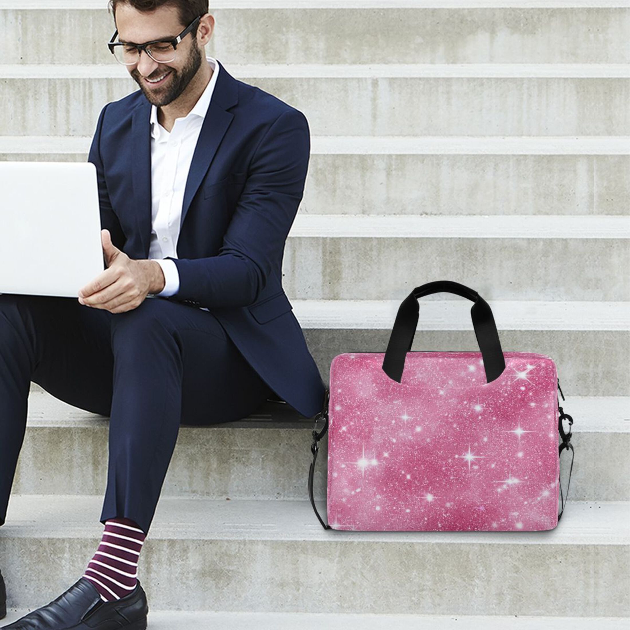16" Laptop Tote Bag Laptop Sleeve Case Computer Briefcase for Work & Travel Pink Glitter Background