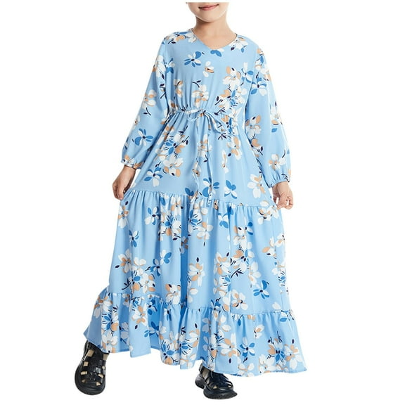 Avrntaa Girls Cute Floral Dresses Puff Long Sleeve Sundress Boho Ruffle Tiered Flowy Maxi Dress 3-14Y