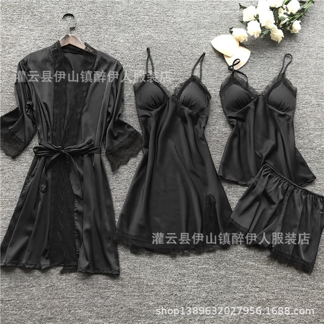 Pijamas Conjuntos De Satén Ropa De Dormir Seda 4 Piezas Lencería Mujeres Encaje Túnica Vestido Babydoll Camisón Conjunto Depangjing