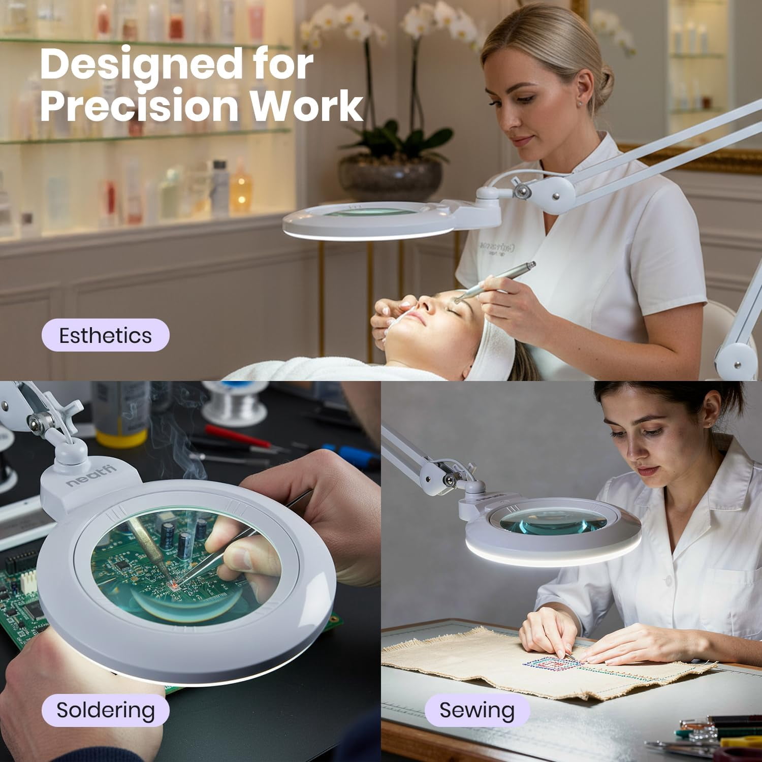 Neatfi Professional LED Magnifying Lamp with Clamp, 1600 Lumens, Dimmable, Adjustable Arm, Magnifier Light for Sewing, Crafts, Reading & Hobby Projects, White