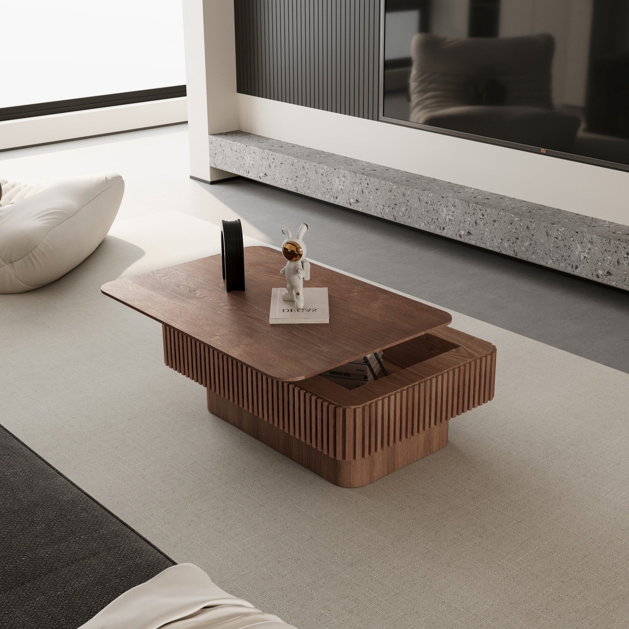 Lift Top Coffee Table with Storage, 38.6" Fluted Coffee Table with Adjustable Height, Modern Wood Veneer Center Table for Living Room, Walnut