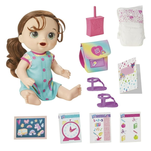 Baby Alive Time for School Juego de muñecas para bebé, 12 pulgadas, juguetes de regreso a la escuela para niñas y niños, cabello castaño, regalos preescolares para niños, a partir de 3 años (exclusivo