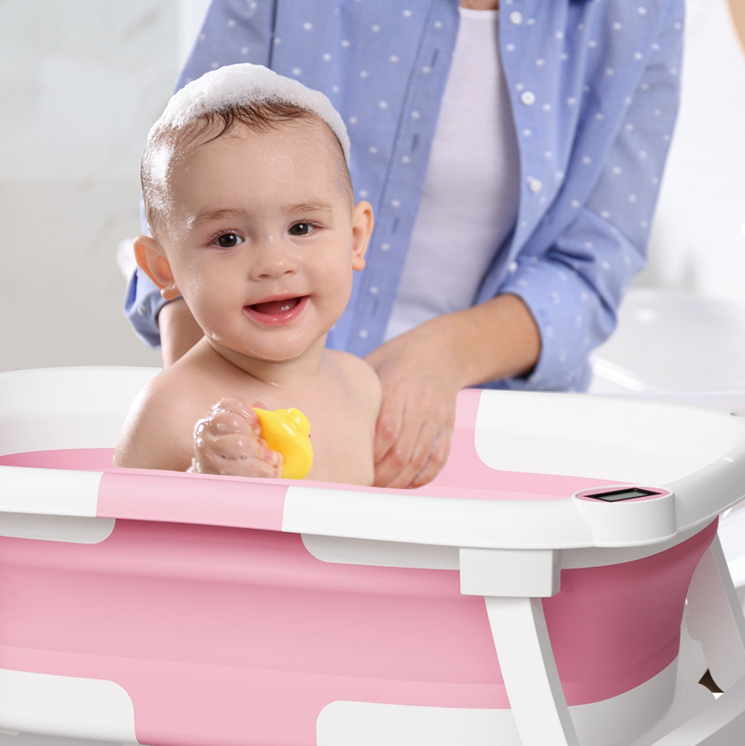 Aprpink Foldable Baby Bathtub PP+TPE with Soft Bath Net&Thermometer for 0-36 Months Toddler Dark Pink