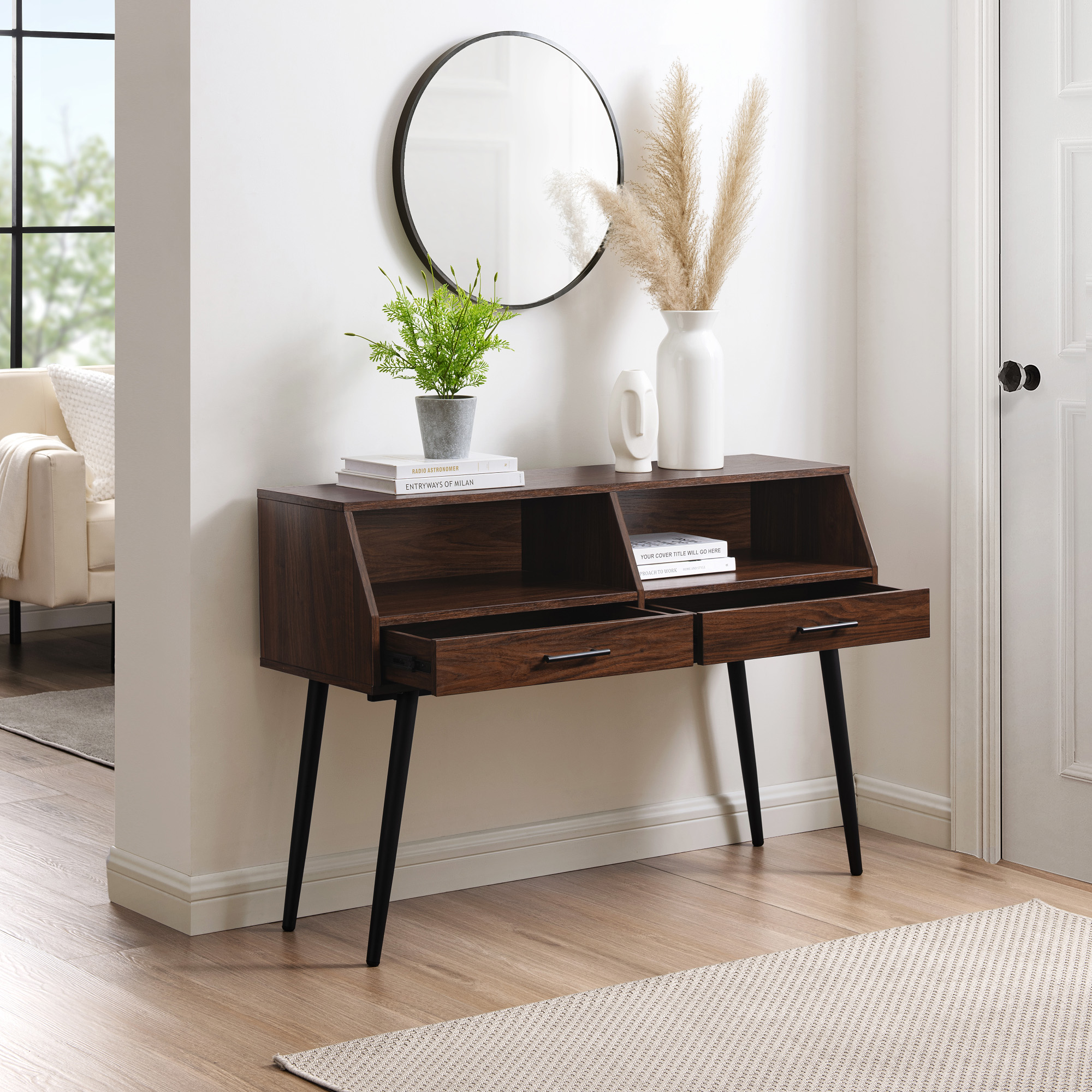 Walker Edison 44” Mid-Century Modern 2-Drawer Entry Table, Dark Walnut