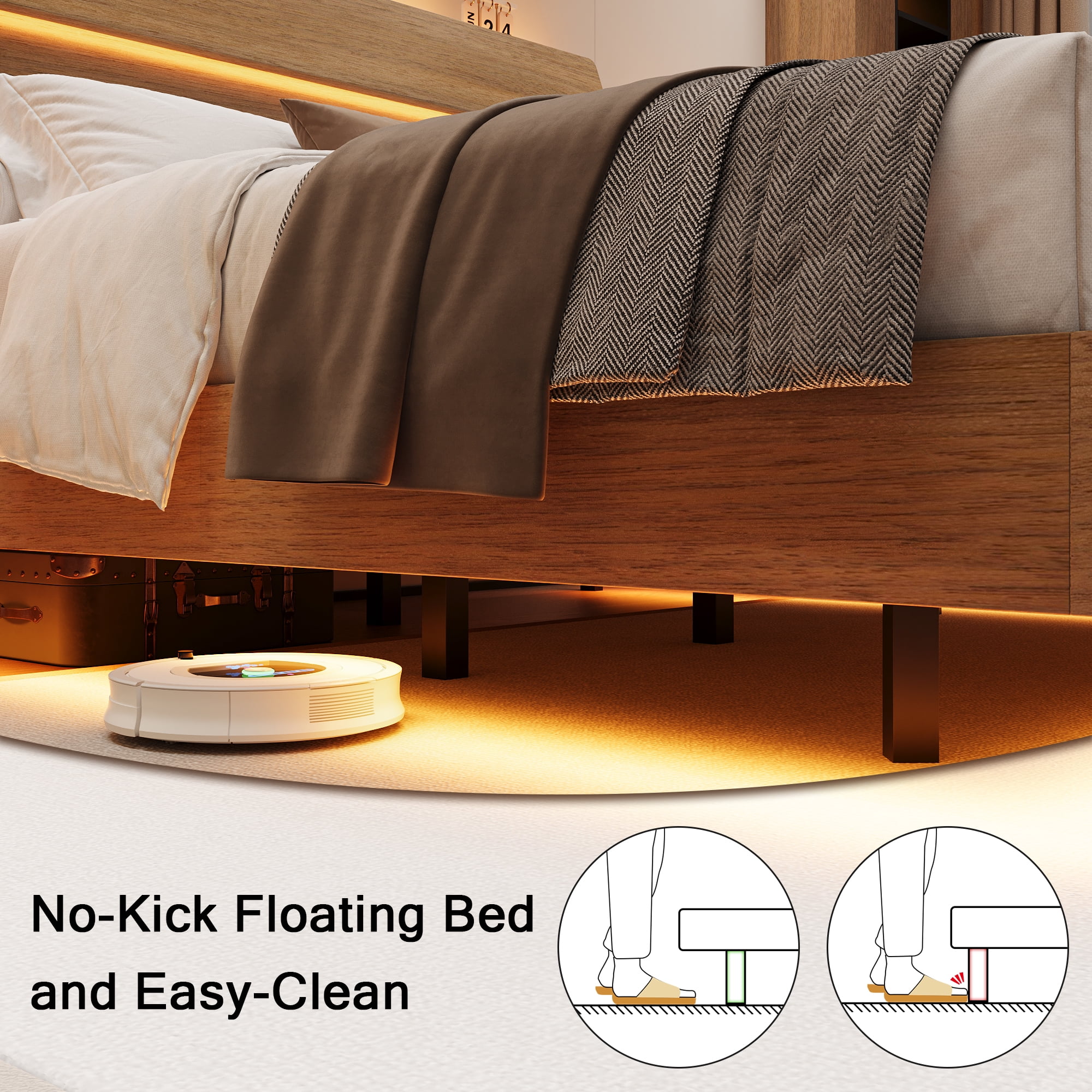 Einhomn Floating Bed Frame King Size with Storage Headboard, LED Lights and Charging Station, No Box Spring Needed
