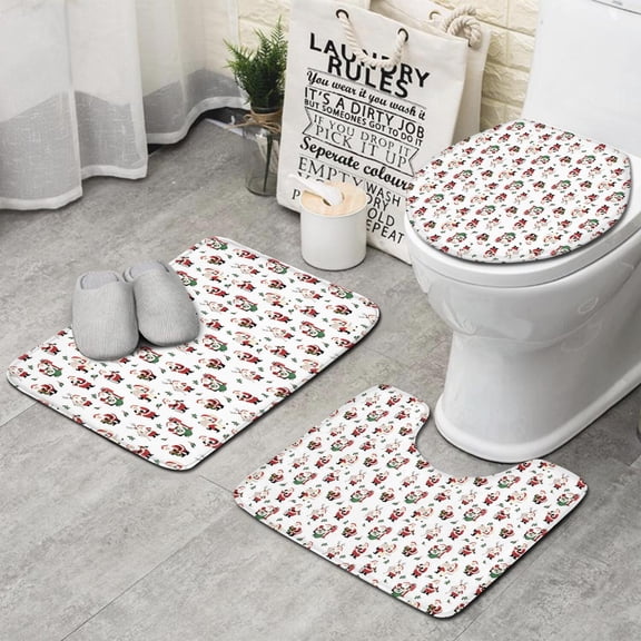 White Christmas Santa Pattern Bathroom Rugs Sets 3 Piece,Toilet Cover Set,Absorbent Non Slip Bathroom Mats Sets with U-Shaped Contour Rug Toilet Rug Set