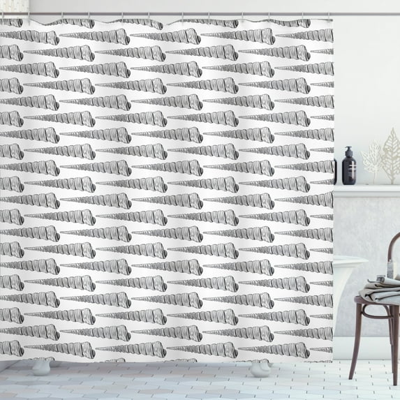 Nautical Shower Curtain, Repetitive Pattern Detailed Sketch of Sea Snail Shells in Retro Style, Fabric Bathroom Set with Hooks, 69W X 84L Inches Extra Long, White and Charcoal Grey, by Ambesonne