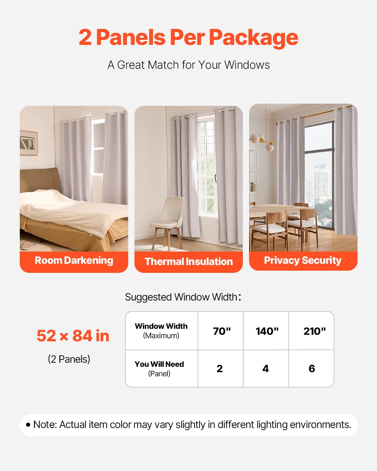 VEVOR Blackout Curtains, 84 Inch Length 2 Panels Set, 52 Inch Wide Each, Thermal Insulated 100% Blackout Light Blocking Drapes, 3-Layer, with Grommets, Curtains for Living Room Window, White
