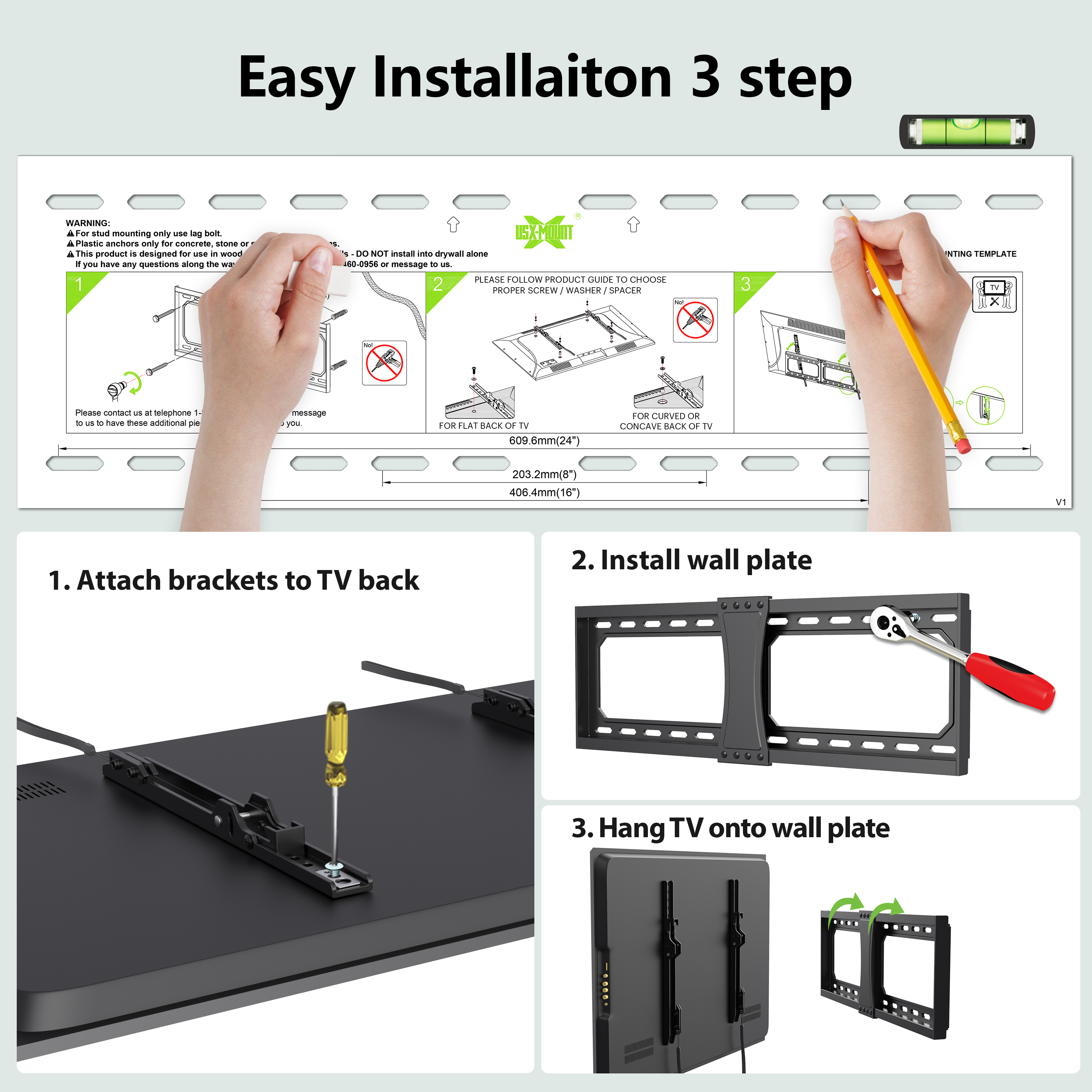 USX MOUNT Fixed TV Wall Mount for 37" to 90" TVs, 132 lbs photo 7