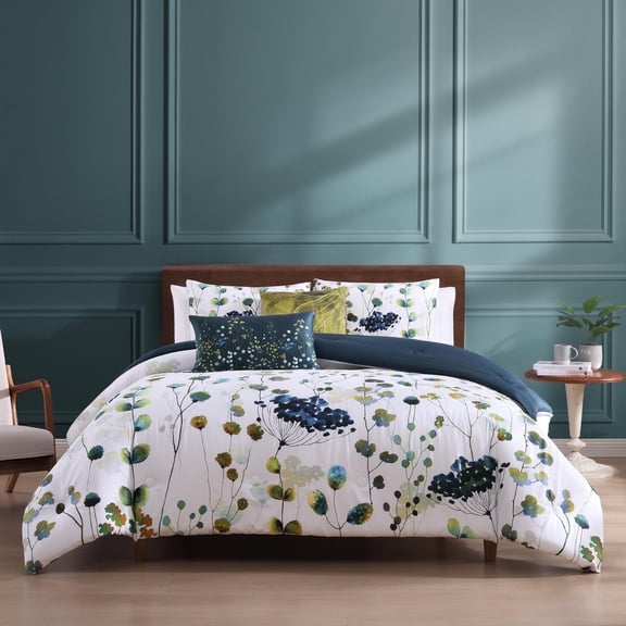 Bebejan Abstract Vines 5 Piece Comforter Set, Queen, Navy, 100% Cotton Sateen, Reversible, All Season, Cozy Comfort