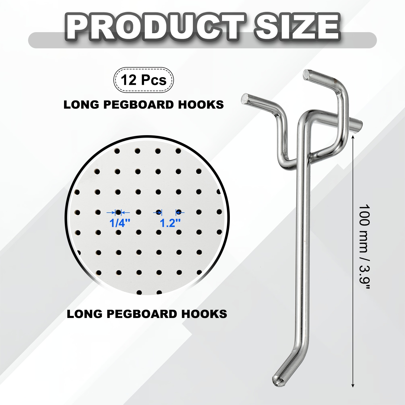Uxcell 12 Pcs Pegboard Hooks,  3.9 Inch Peg Board Hooks Kit Fit 1/5" Pegboard Garage for Hanging Shelving Tool Storage Craft Organizing, Silver Tone (1.2mm Hole Dia)