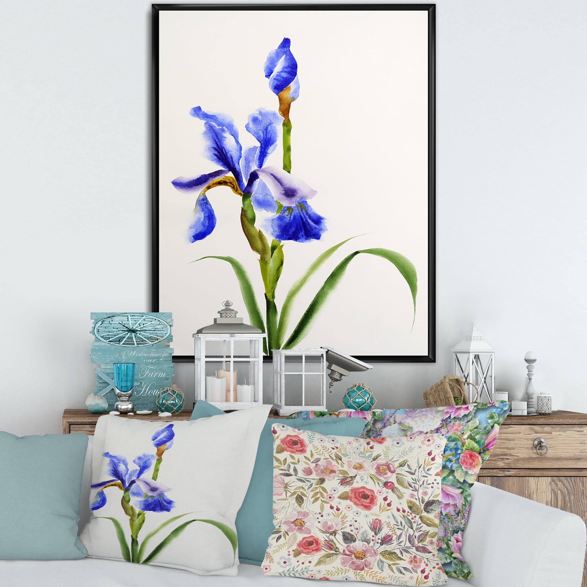 Designart 'Blue Iris Flower Retro Style' Traditional Framed Canvas Wall Art Print