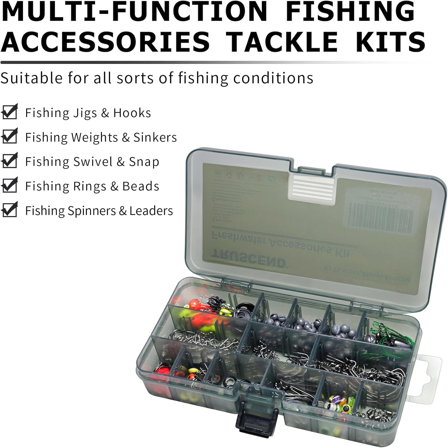 TRUSCEND Complete Fishing Accessories - Tackle Box with Tackle Included, Fishing Hooks, Jig Heads, Sinkers, Weights, Swivels, Snaps, Bobbers, Leaders - Fishing Gear Set for Bass Trout Panfish Walleye