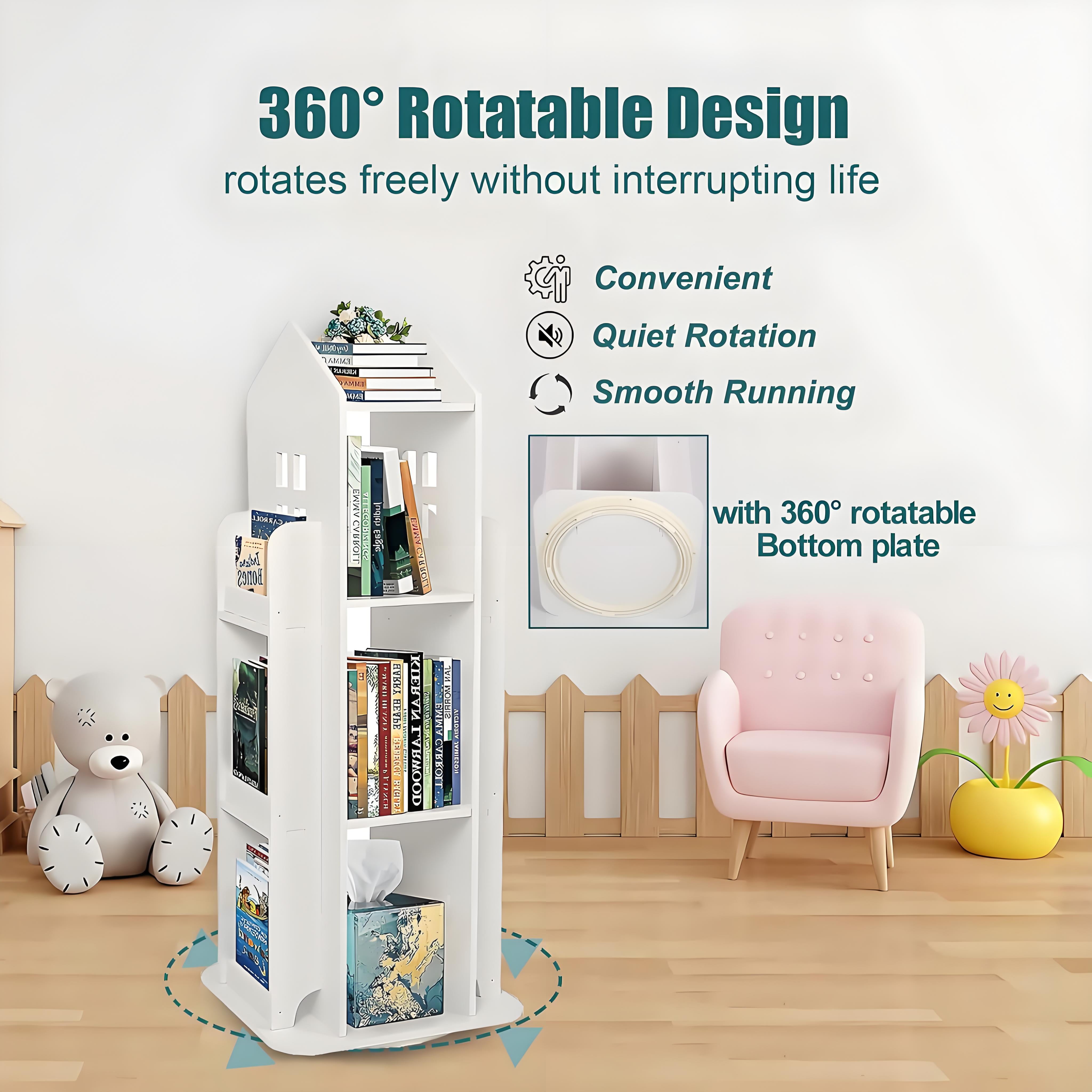 Gtouse 3 Tier Rotating Bookshelf, 360° Display Corner Bookshelf, Wooden Floor Standing Bookcase