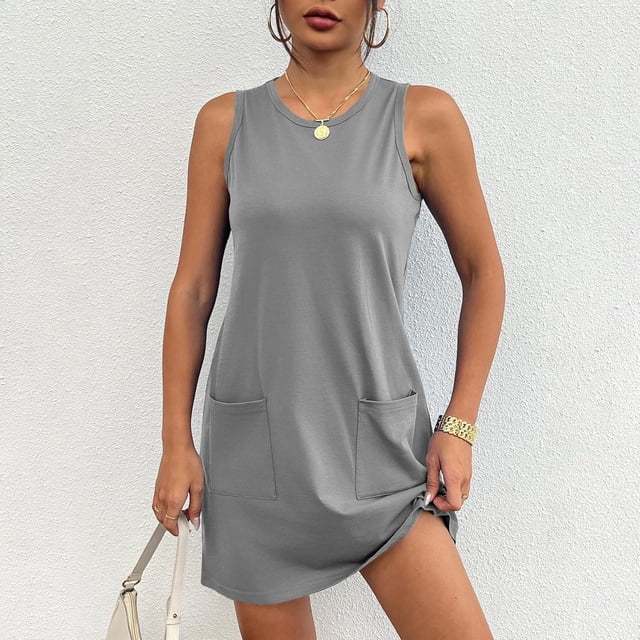Robes d'Été pour Femmes Sans Manches Mini Débardeur Sport Tennis avec 2 Poches Robe Grise TG