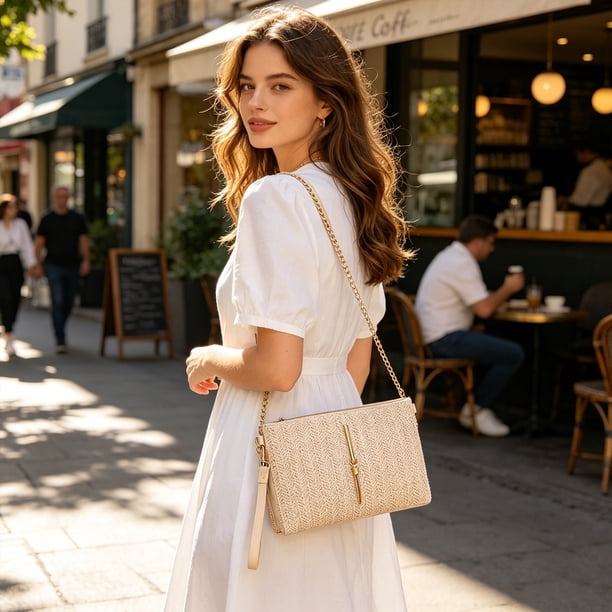 Bolso bandolera de paja tejida para mujer con bolso de viaje de verano con tirantes ajustables