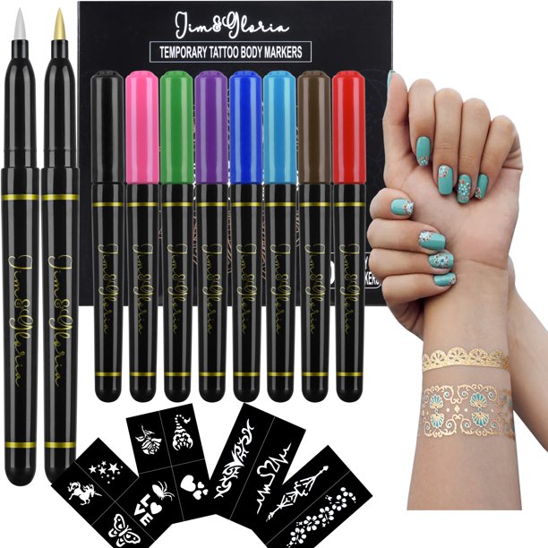 Jim&Gloria Marcadores de piel Pluma de tatuaje temporal 10 colores con oro y plata Pintura corporal falsa Tatuajes Pincel Kit de pintura facial Regalos para niñas adolescentes Cosas de moda Adultos y