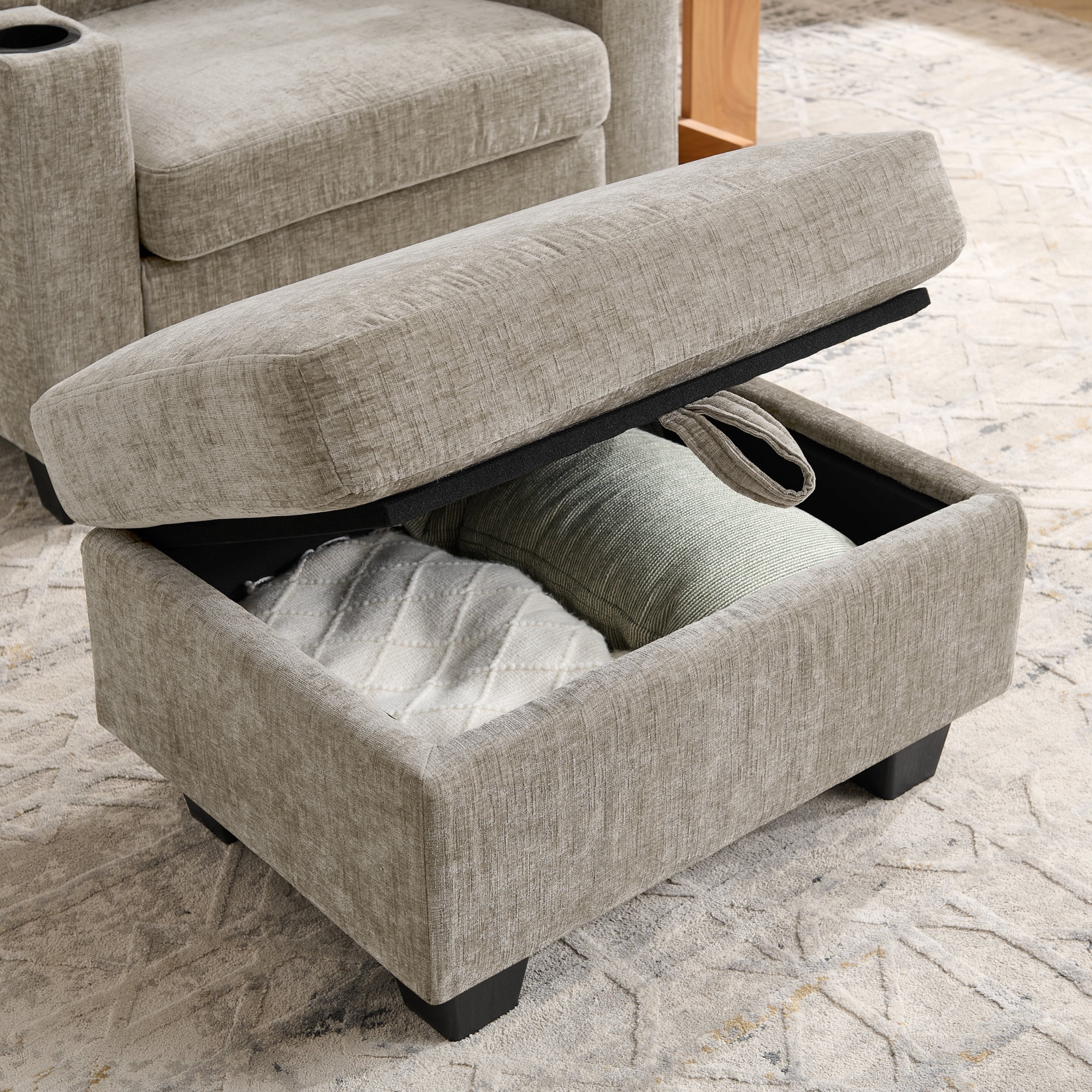 Noble House Edwin Chenille Manual Recliner Chair with Ottoman, Hidden Storage & Cup Holders, Reading Single Sofa, Brown