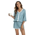 thumbnail image 3 of Baywell Women's Button Down Pajamas Set 3/4 Sleeve Tops Shorts V Neck Sleepwear Soft Silk Satin Pjs Loungewear Set Contrast Color Lounge Pjs Shorts Set with Pockets S-XXL, 3 of 6