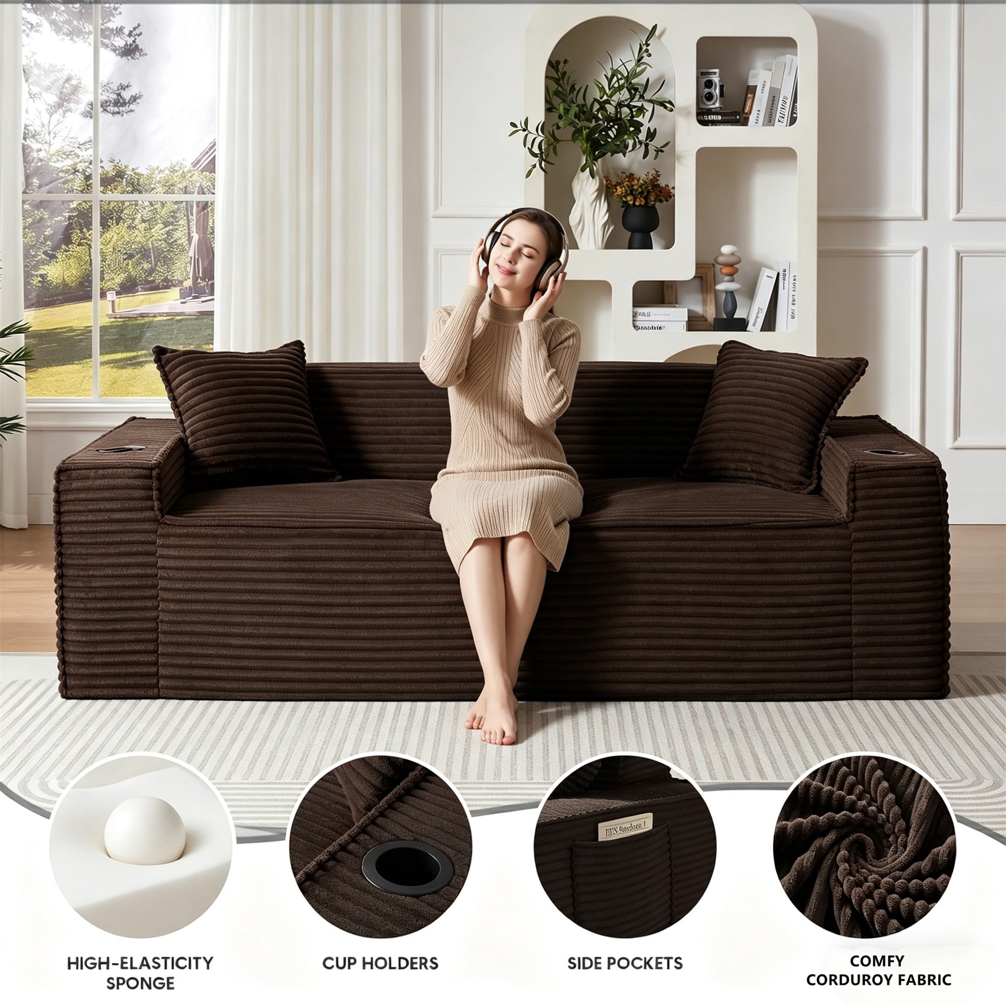 Aukfa 3 Piece Boneless Couch Set, 81" 3 Seat Cloud Sofa for Living Room, 2 Cup Holders&Storage Pocket, Corduroy, Brown