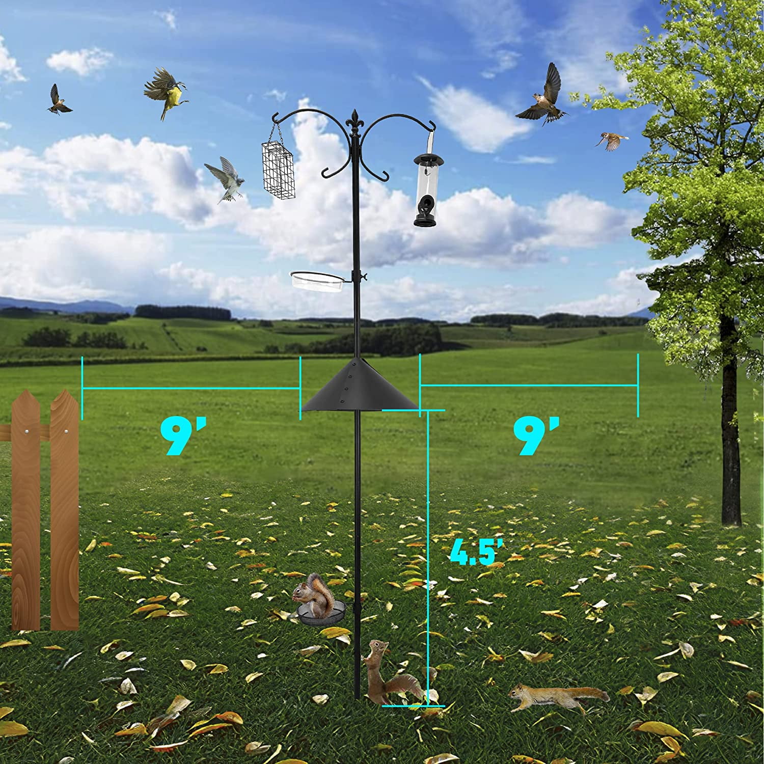 Squirrel Proof Bird Feeder  Wild Bird Station - Powder Coated 81 Inch Steel Pole  Squirrel Baffle  4 Bird Feeders  1 Squirrel Peanut Feeder - 5 Prong Base  PATENTS PENDING