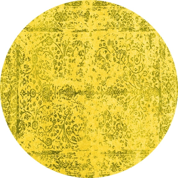 Ahgly Company Machine Washable Indoor Round Abstract Yellow Contemporary Area Rugs, 8' Round