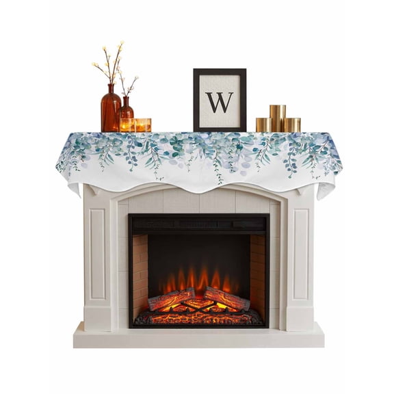 Teal Blue Eucalyptus Leaves Fireplace Mantel Scarf Cover 60"Wx17"L,Fireplace Mantel Shelf Top Runner,Spring Floral Summer Botanical Mantle Dresser Scarves Table Runner for Holiday Party Living Room