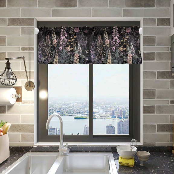 Yayeee Kitchen Valance Rod Pocket 54" x 18" Living Room Window Curtain, Dark Flowers Pattern