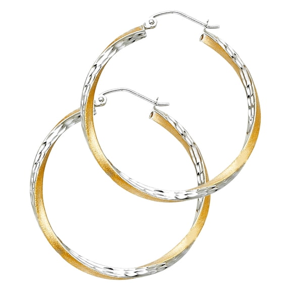 14k Yellow Gold and White Gold Sf Sparkle-Cut 2.6mm Swirl Hoop 30mm Earrings Hoop Earring for Women
