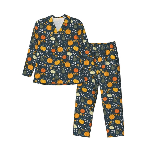 Balery Pumpkin Pijama para Hombre de Dos Piezas con Manga Larga, Conjunto de Dormir y Descanso Suave con Bolsillos-Large