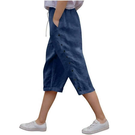 Kids Linen Capri Pants Girls Boys Wide Leg Loose 3/4 Pants with Pockets Casual Buttons Elastic Capris Slacks 8 Years Navy