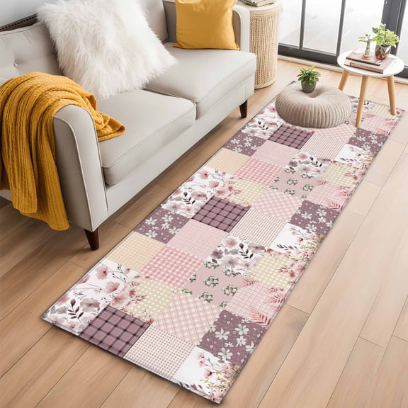 Boho Spring Floral 2'x6' Runner Rugs for Hallway Kitchen Bedside Non Slip Washable, Vintage Flowers Patchwork Plaid Pink Entryway Rug Runners with Rubber Backing, Long Carpet Runner for Laundry Room